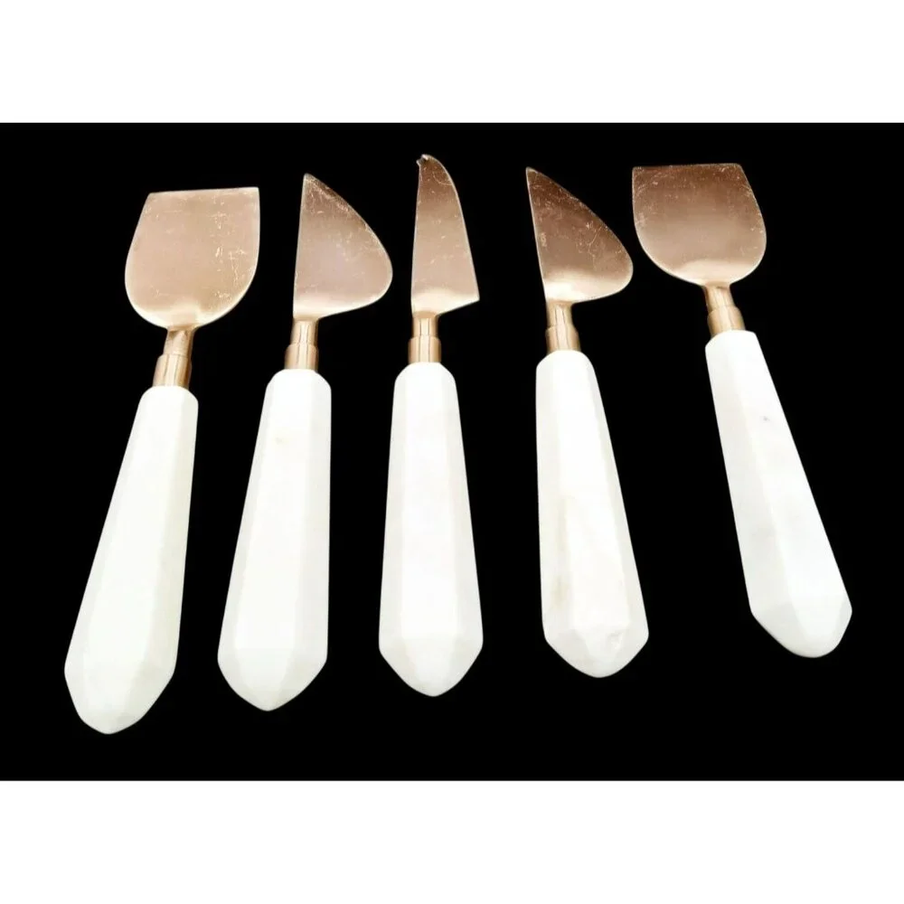 Cheese Knives Marble Handled Brass Toned Charcuterie India Vintage Set of 5